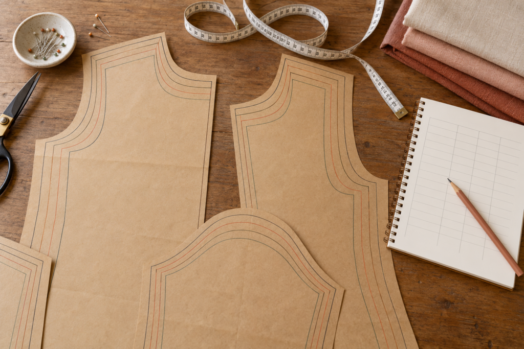 Ilustração de moldes de papel com linhas de tamanhos, fita métrica, caderno e tecidos sobre uma mesa.
