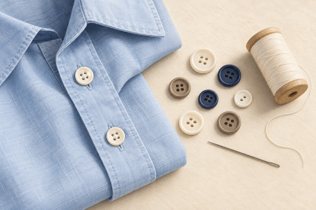 Ilustração de camisa azul, botões de dois e quatro furos, carretel de linha e agulha sobre uma mesa clara.