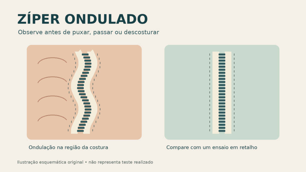 Ilustração esquemática compara ondulações junto a um zíper com uma aplicação reta em retalho de teste.